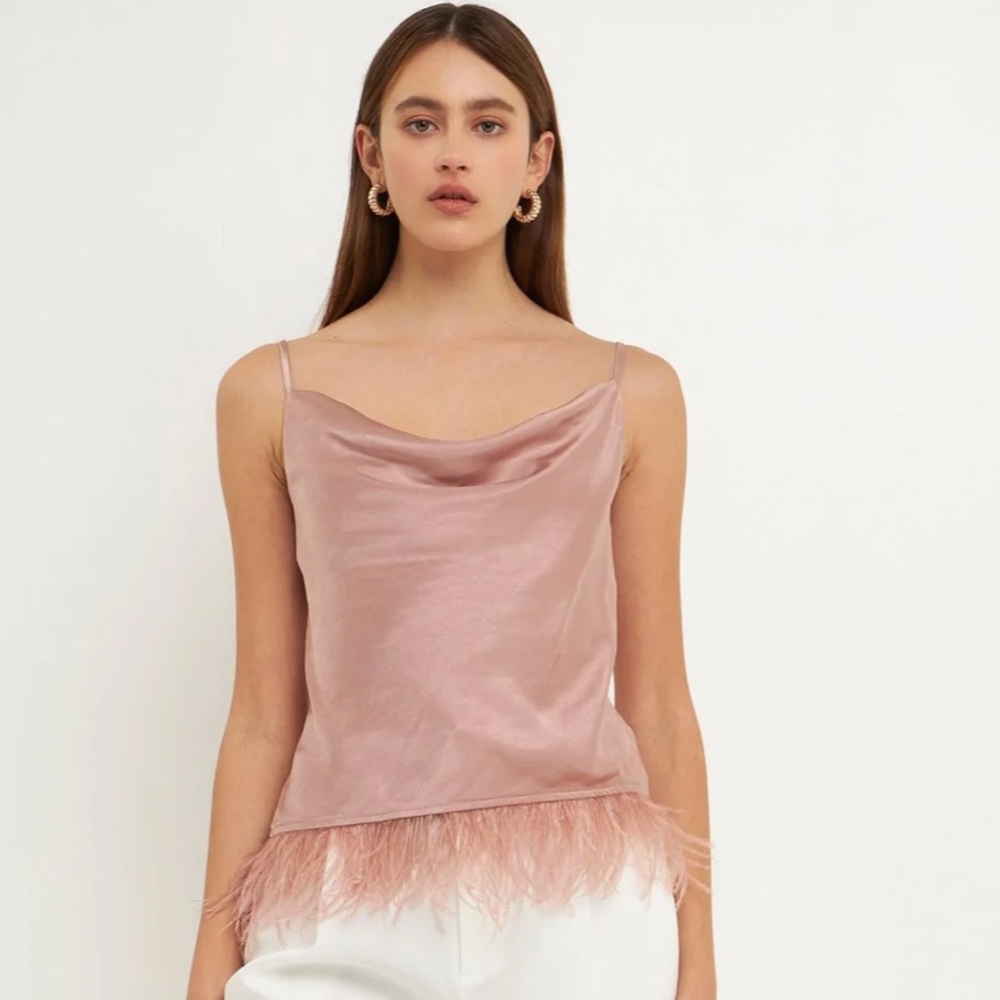 Satin Cowl Neck Top with Feather- mauve